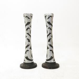 Vtg Boho Decor Wood & Aluminum Metal Cutout Wrapped Imported Candle Holders